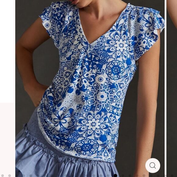 Maeve Anthropologie Sz XS Catie Ruffle-Sleeved‎ Tee Blouse Top Blue Motif Boho - Picture 1 of 14